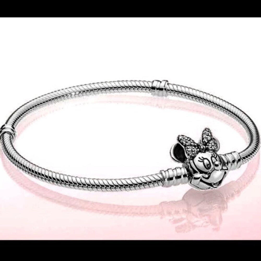 Minnie Mouse Silver Tone Charm Bracelet Snake Chain Rhinestone Bling Bow 7.25